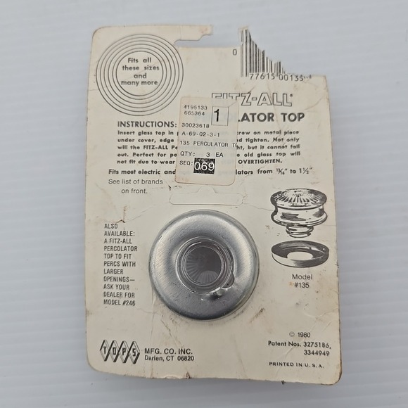 Vintage 1980 Tops Mfg FITZ ALL Replacement Glass Percolator Top Model 135 - Picture 2 of 2